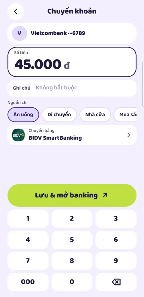 Màn hình gõ số tiền sau khi quét mã
