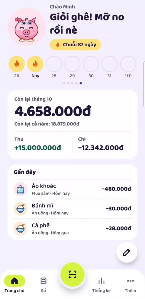 Màn hình chính: Mỡ no rồi, chuỗi 87 ngày